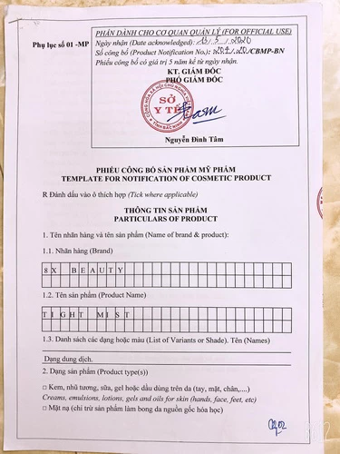 Bản giấy chứng nhận xịt bỉm