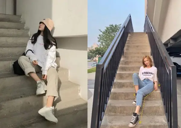 Tạo dáng chụp ảnh ngồi trên bậc thang