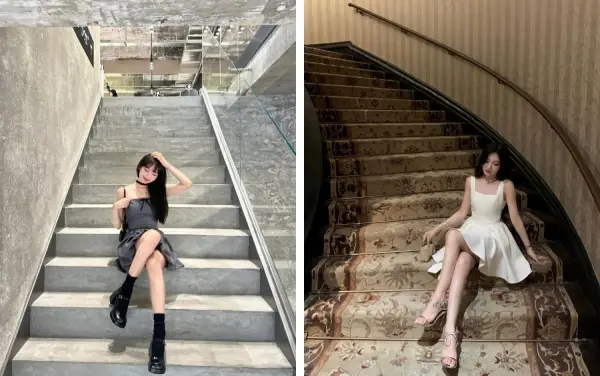 Tạo dáng chụp ảnh ngồi trên cầu thang