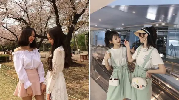 Tạo dáng đứng đối diện nhau với ánh mắt và nụ cười thân mật