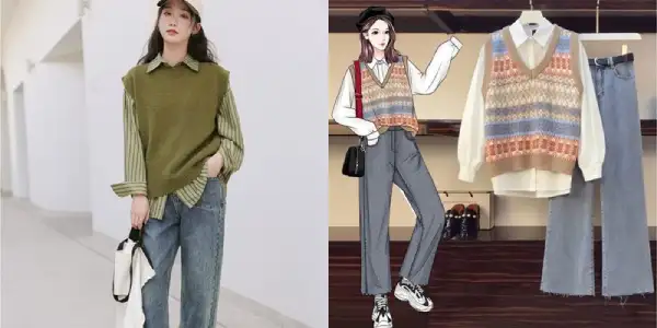 99+ Cách phối đồ với áo gile đẹp chuẩn Hàn Quốc 16 Áo gile len phối với quần jean ống rộng