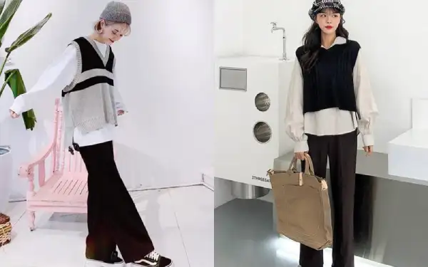 99+ Cách phối đồ với áo gile đẹp chuẩn Hàn Quốc 24 Áo len gile Hàn Quốc với áo sơ mi và quần ống rộng