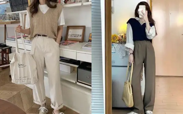 99+ Cách phối đồ với áo gile đẹp chuẩn Hàn Quốc 25 Phối đồ với áo len gile Hàn Quốc, áo sơ mi và quần ống rộng