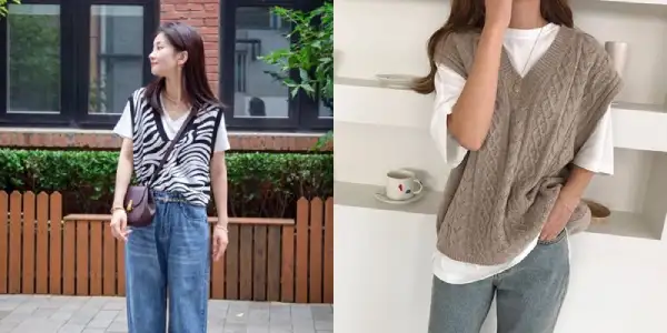 99+ Cách phối đồ với áo gile đẹp chuẩn Hàn Quốc 27 Áo gile len với áo phông ngắn tay và quần jeans cho nữ