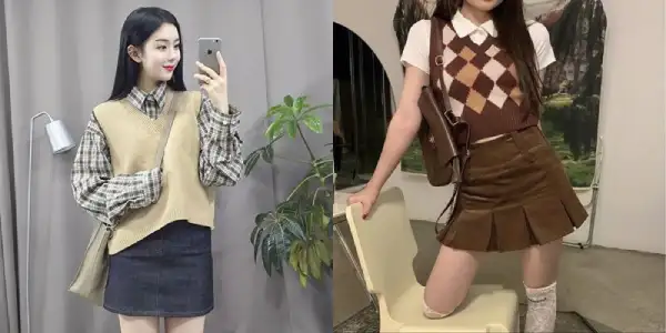 99+ Cách phối đồ với áo gile đẹp chuẩn Hàn Quốc 29 Áo gile len cùng váy ngắn