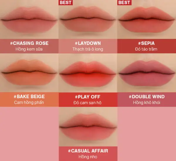 Son kem lì 3CE Blur Water Tint Sepia 4.6g - Màu đỏ gạch đậm 4 Màu son kem lì 3CE Blur Water Tint Sepia 4.6g