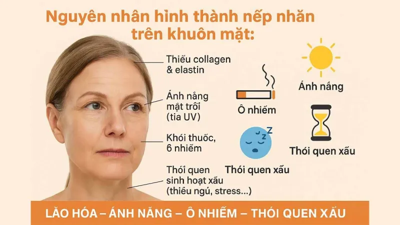 Nếp nhăn trên da xuất hiện do nhiều nguyên nhân phổ biến
